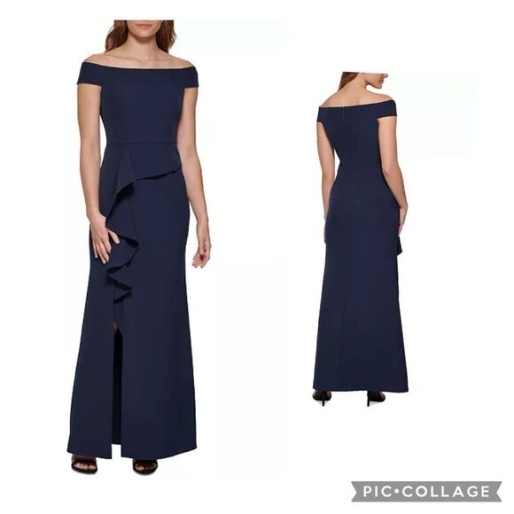 VINCE CAMUTO Navy Off The Shoulder Draped Column Gown Size 2 - Picture 1 of 8